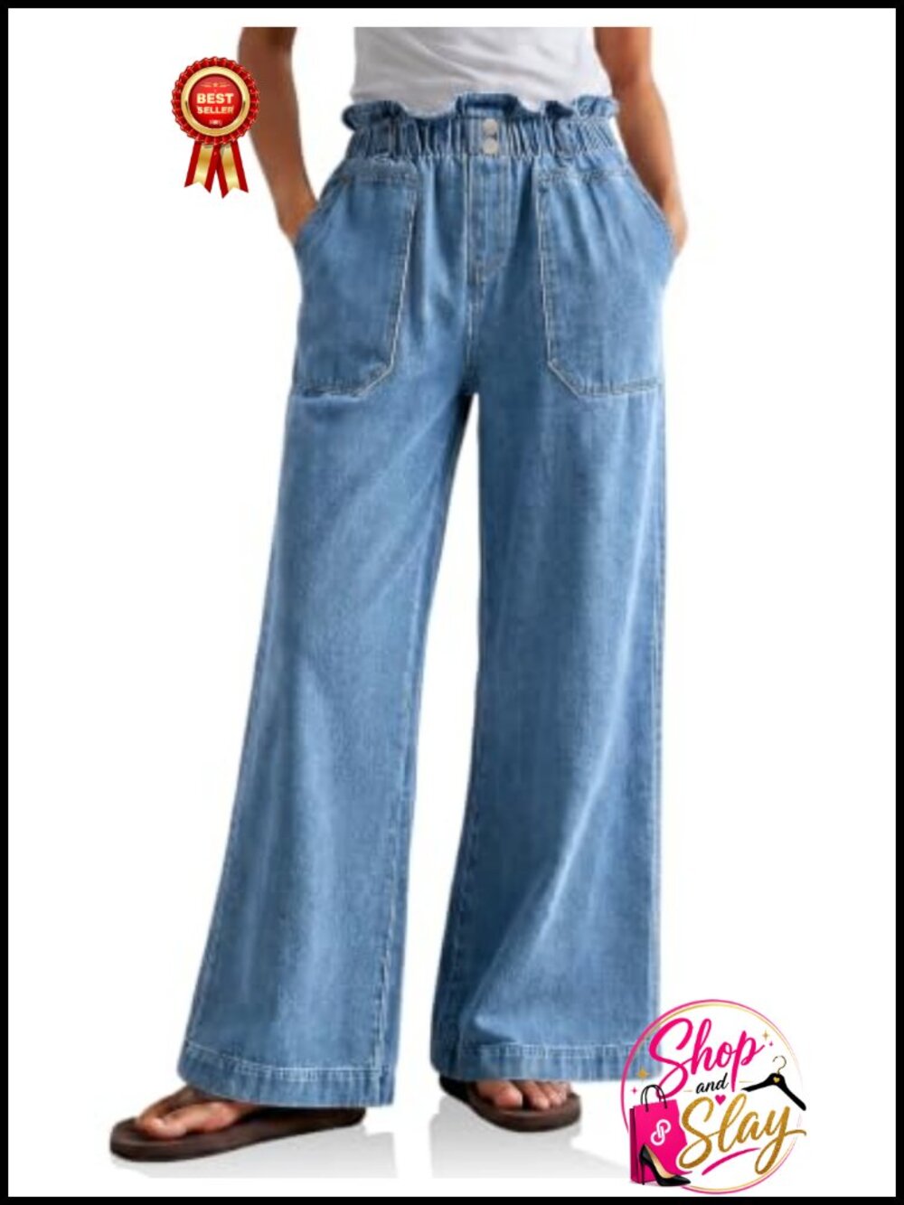 Ruffle High Waist Wide Leg Jeans Lightweight Loose Fit Baggy Denim Pants